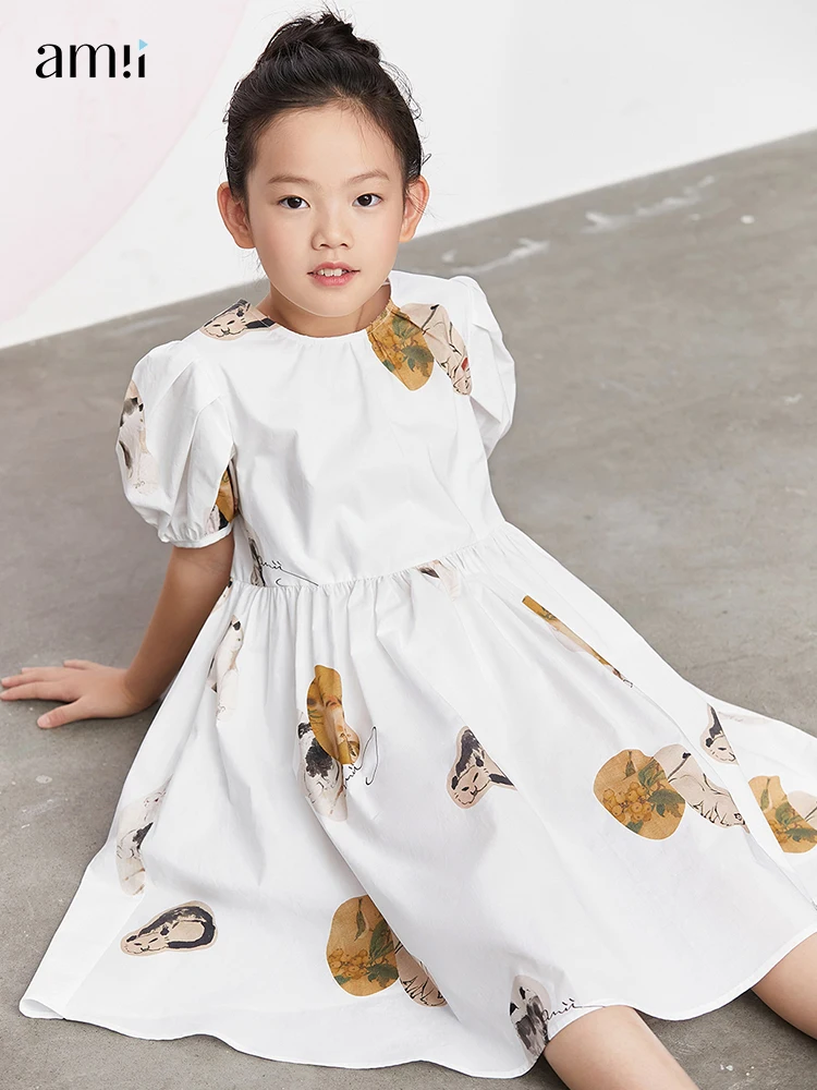 

Amii Kids 3-16 Year Dress For Girls Summer Loose Dresses Comfortable Cotton Puff Sleeve Children Midi Dress Vestidos 22170033