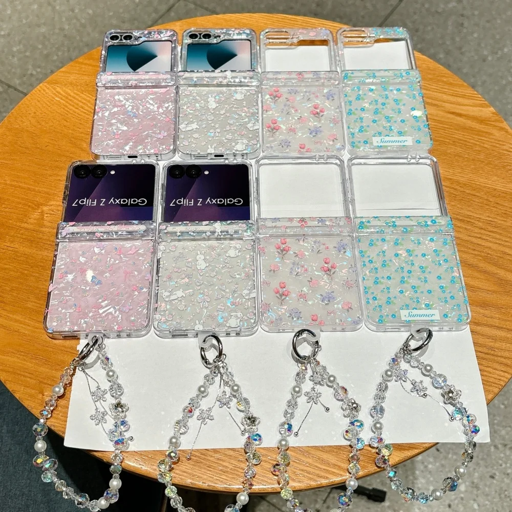 Elegant Floral Wrist Chain Shell Case with Beaded Bracelet - Premium Shockproof Acrylic Cover