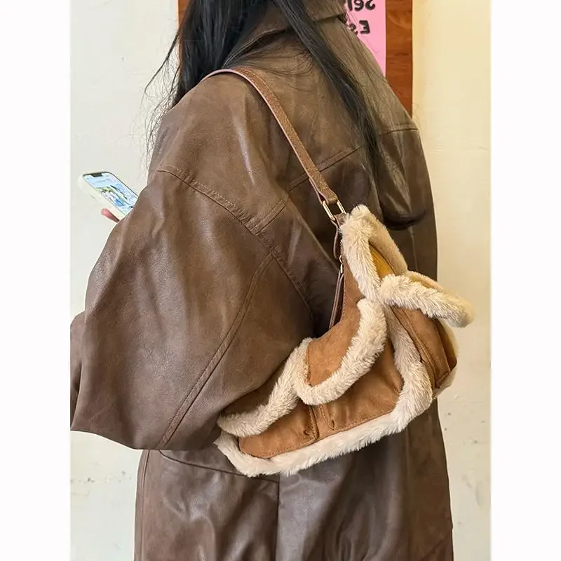 Luxury Suede Women Handbags Maillard Shoulder Bags Vintage Pu Leather Crossbody Bag Autumn and Winter Large Capacity Tote Bag