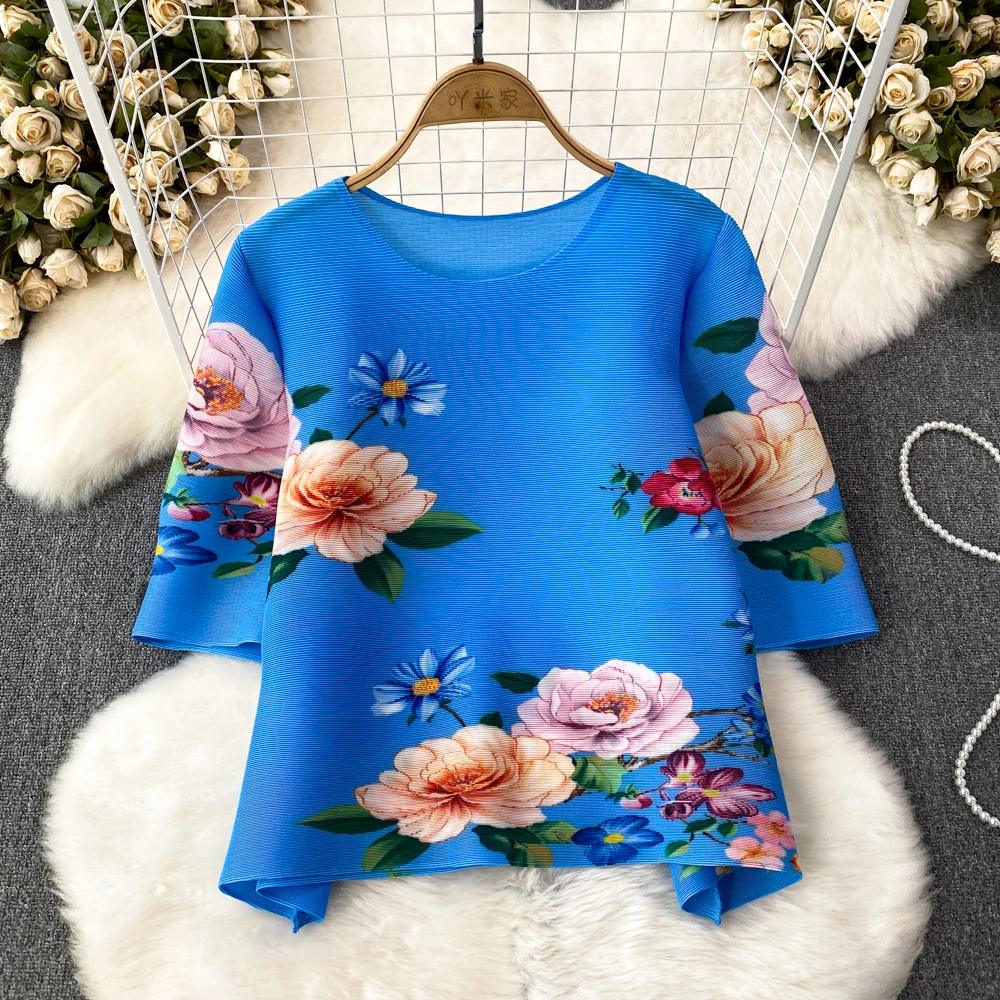 

VANOVICH Korean Style Temperament Pleated Vintage Printed O-neck Loose Waist Chiffon T-shirts Women's Fashion Casual T-shirts