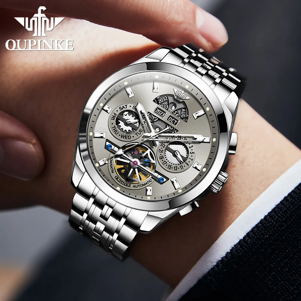 OUPINKE Automatic Watch Skeleton Stainless steel Wristwatch Calendar Week Multifunctional Waterproof Sapphire Mirror Men's Watch