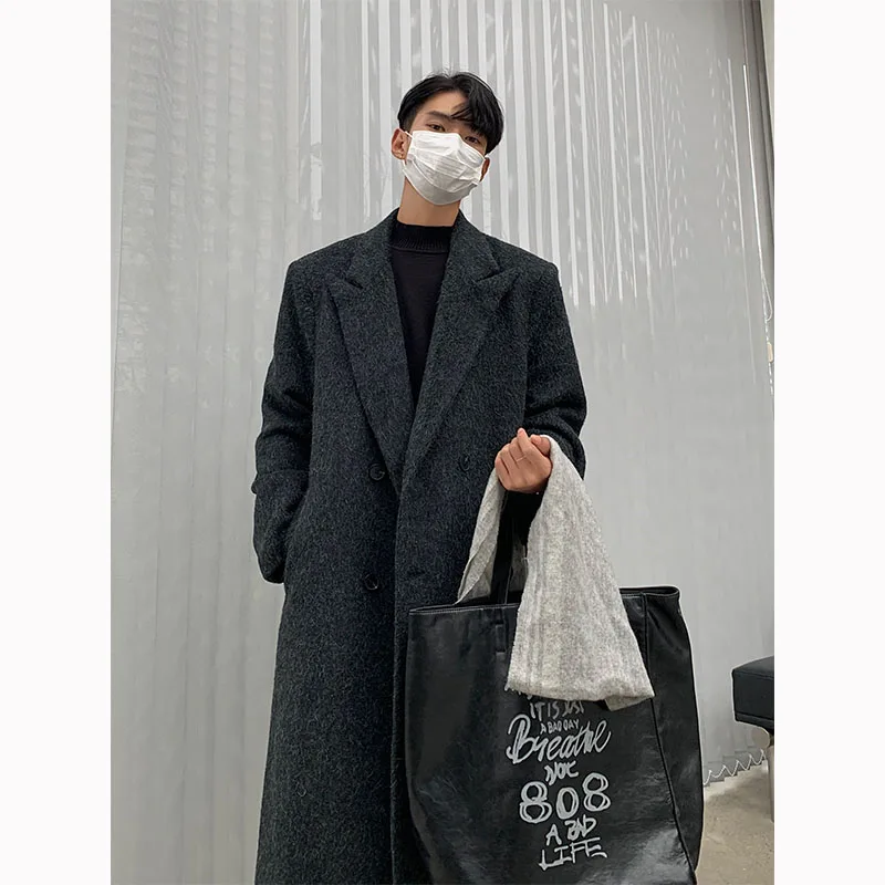 

SYUHGFA 2024 Autumn Winter Overcoat Men Korean Fashion Woolen Windbreakers Solid Color Cotton Men Long Coat Casual Wool Trench