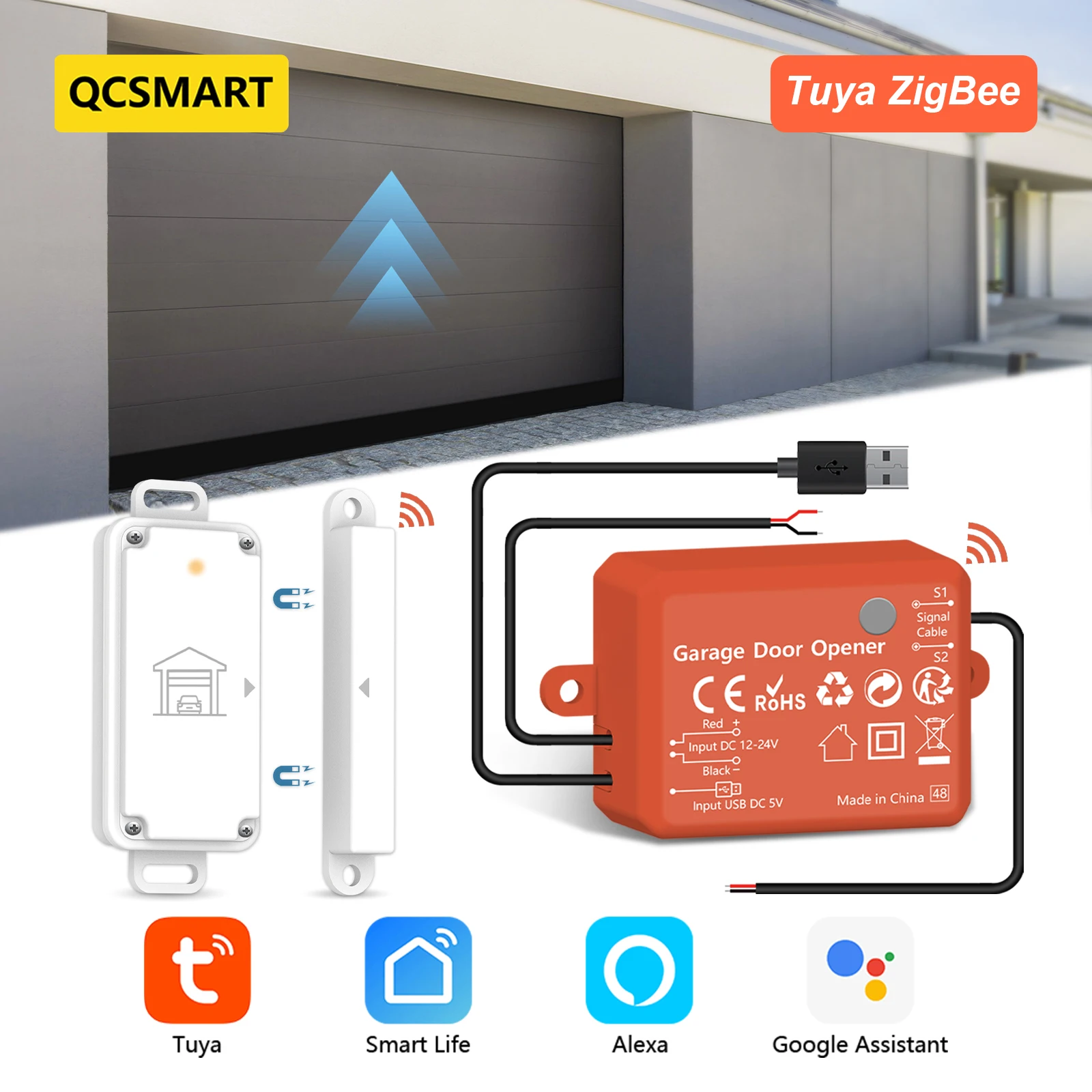 QCSMART ZigBee 3.0 โรงรถประตูเซนเซอร์ไร้สายเปิด Controller Tuya Smart Life App Remote Voice Control Google Assistant Alexa 1