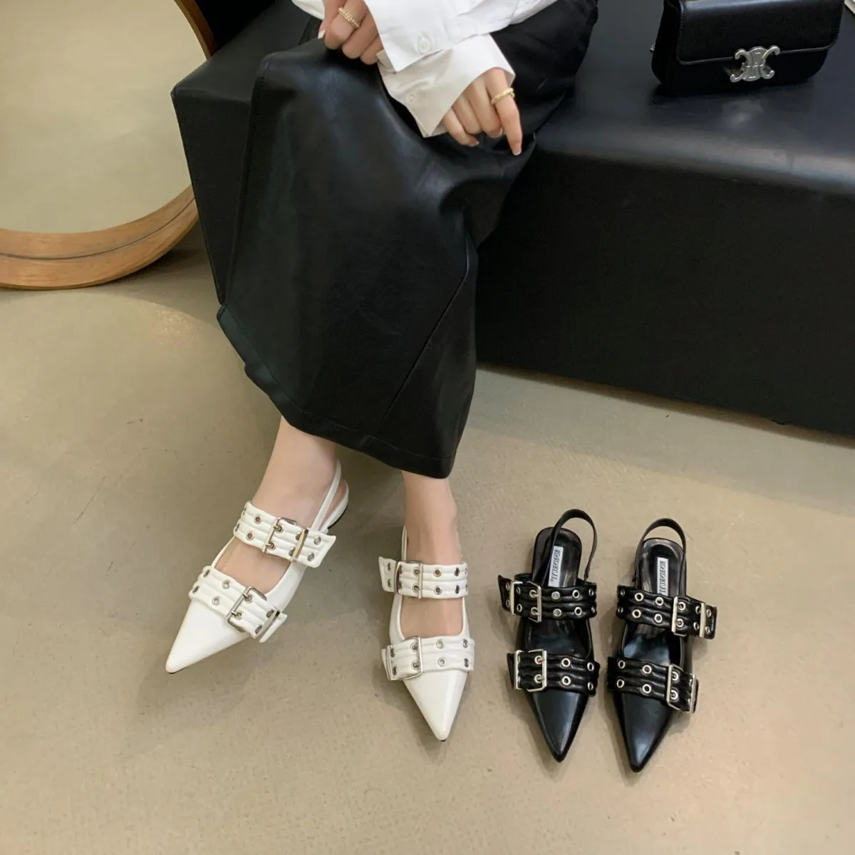 

Buckle Open Shoes Heel Studded Sandals 2024 Women's Suit Female Beige Comfort Spring Fashion New Summer Low Pointed Black Girls