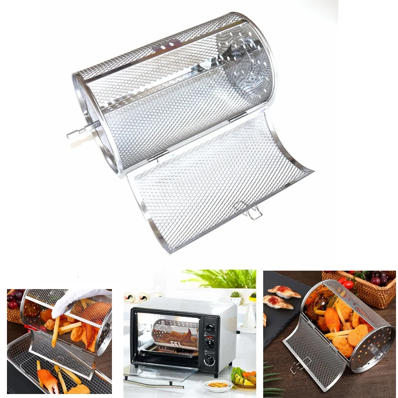 BBQ Drum Chili Roaster Drum Oven Mesh Stainless Steel Mesh Cylindrical Grilling French Fries Baskets grill oven accessories