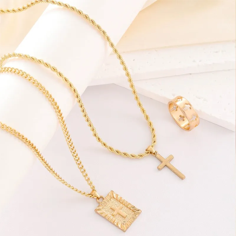 3pcs/set Trendy Hip-hop Cross Pendants Jewelry Sets for Women New Fashion Necklace Rings Statement Party Jewelry Gifts