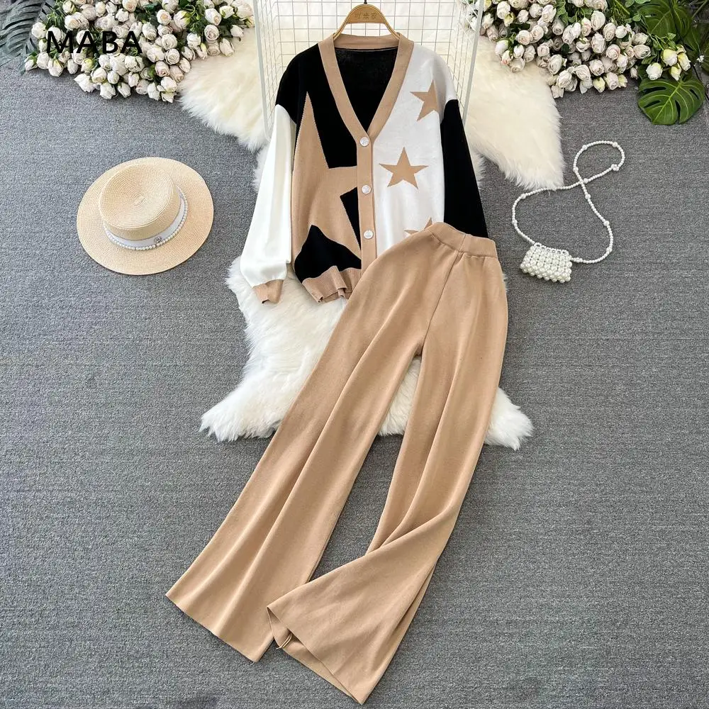 

Winter Casual Knit Two Pieces Suits Women Long Sleeve Shawl Cardigan+wide Leg Pant Sets Outfits Streetwear Korean Suit 2023