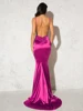 Deep V Neck Stretch Satin Floor Length Dress Long Mermaid Bodycon Backless Evening Party Bridesmaids Prom Gown 3