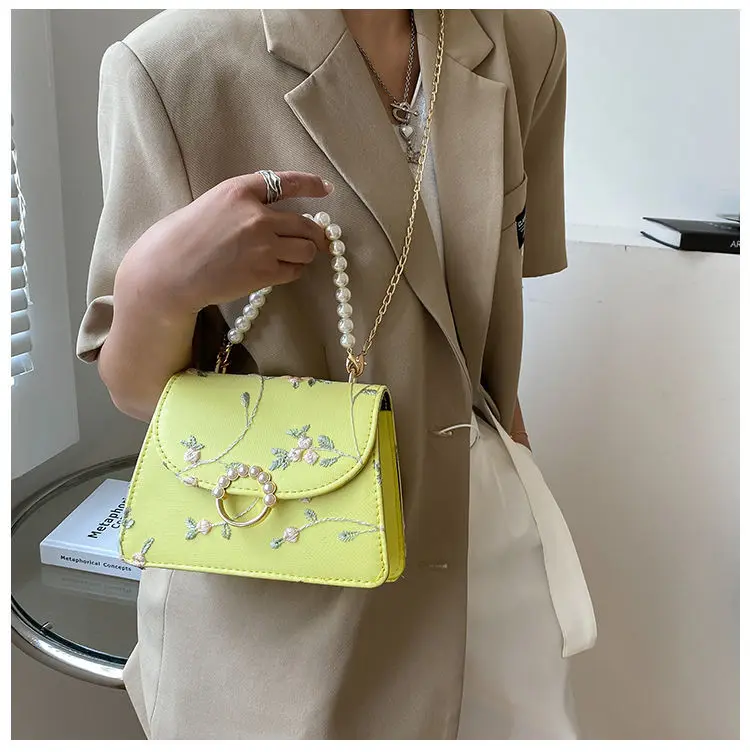 Women Sweet Lace Handbags Pu Leather Cross Body Bags for Women Small Fresh Flower Chain Pearl Shoulder Bags