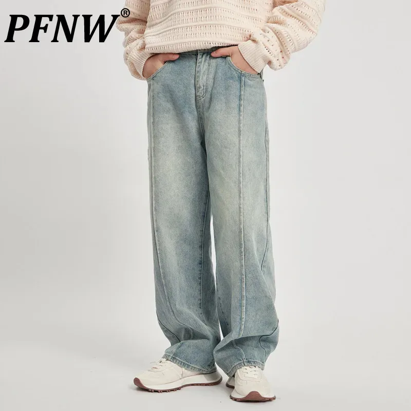 

PFNW Men's Tide Streetwear Washed Jeans Autumn Winter New High Street Vintage Straight Wide Leg Fashion Chic Denim Pants 12Z7036