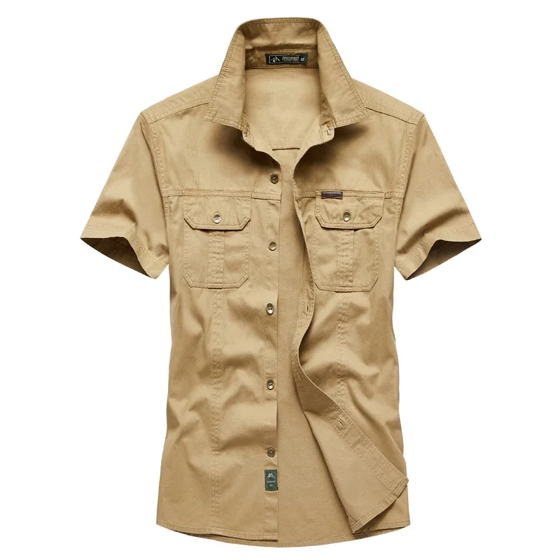 

Рубашка-карго мужская с короткими рукавами, хлопок 100%, стиль милитари, однотонная рабочая одежда с несколькими карманами, лето