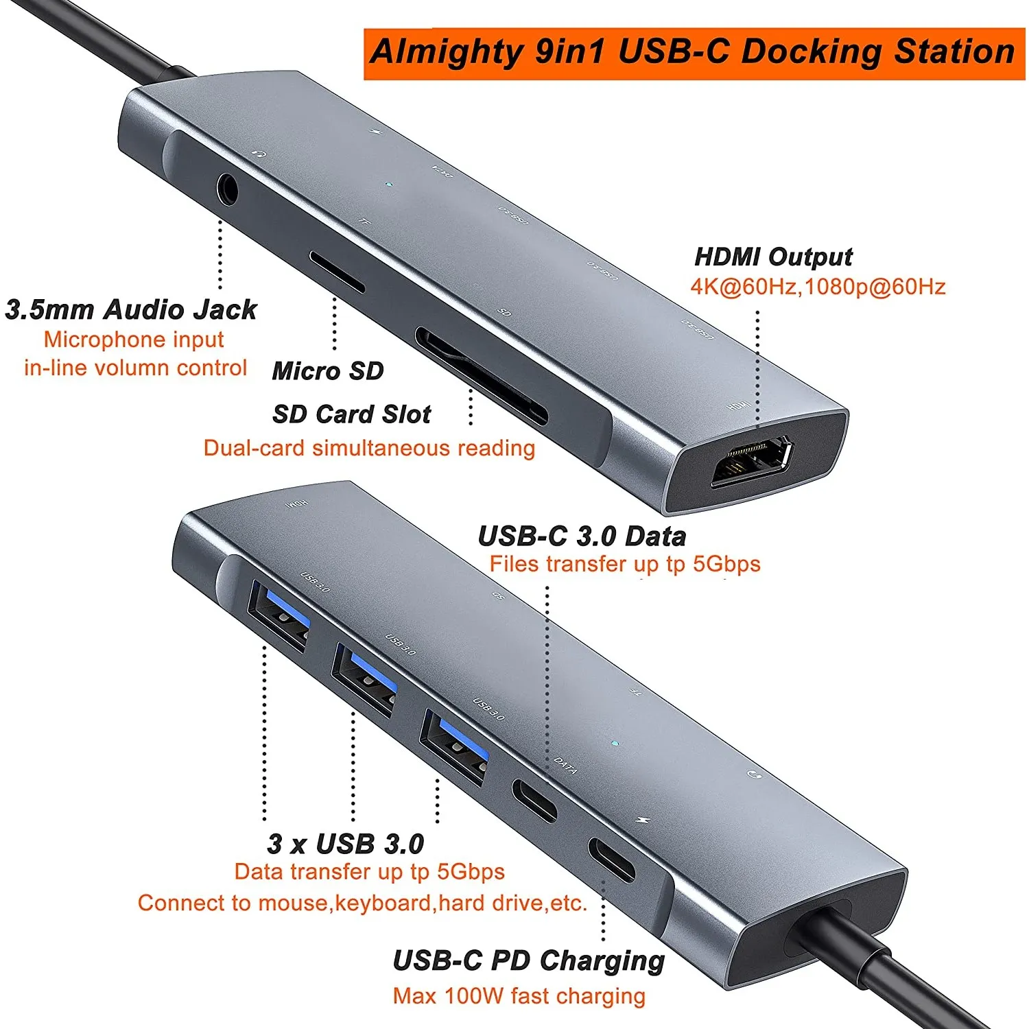

USB C 4K @ 60Hz Adapter 3.5mm Audio 3xUSB 3.0 SD TF Card Slot 100W USB C PD Pro USB-C 3.0 USB Cable Gender USB