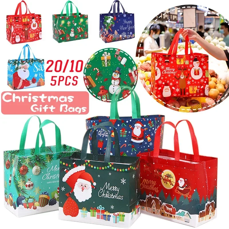

5/10/20 PCS Christmas Tote Bags with Handles Xmas Non-Woven Gifts Bags Santa Snowman Treat Bags Navidad Party Decorations