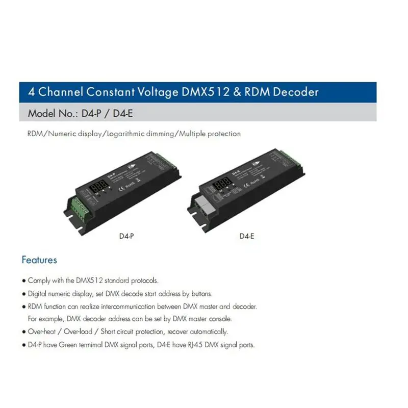 A01E-D4-P 4채널 PWM 정전압 DMX &RDM LED 디코더 컨트롤러 디지털 디스플레이 XLR3 RJ45 포트 DC12-36V 입력 8Ax4ch Bl