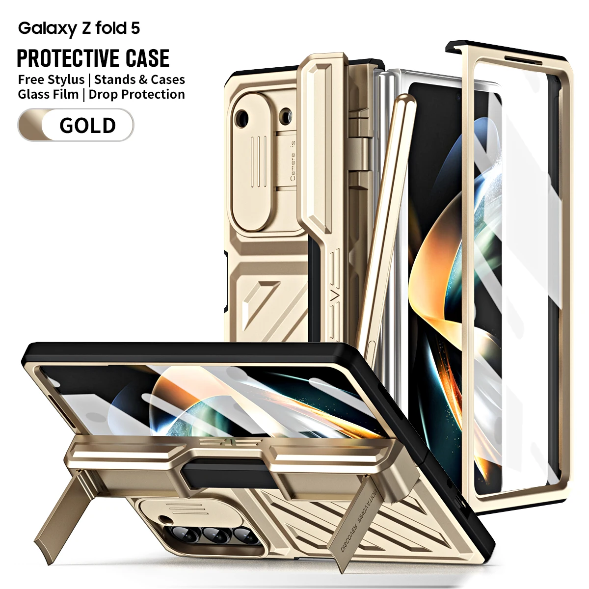 With Touch Pen For Samsung Galaxy Z Fold 5 4 3 Case Hinge Plating Magnetic Holder Screen Protector Tempered Film Folding Cover