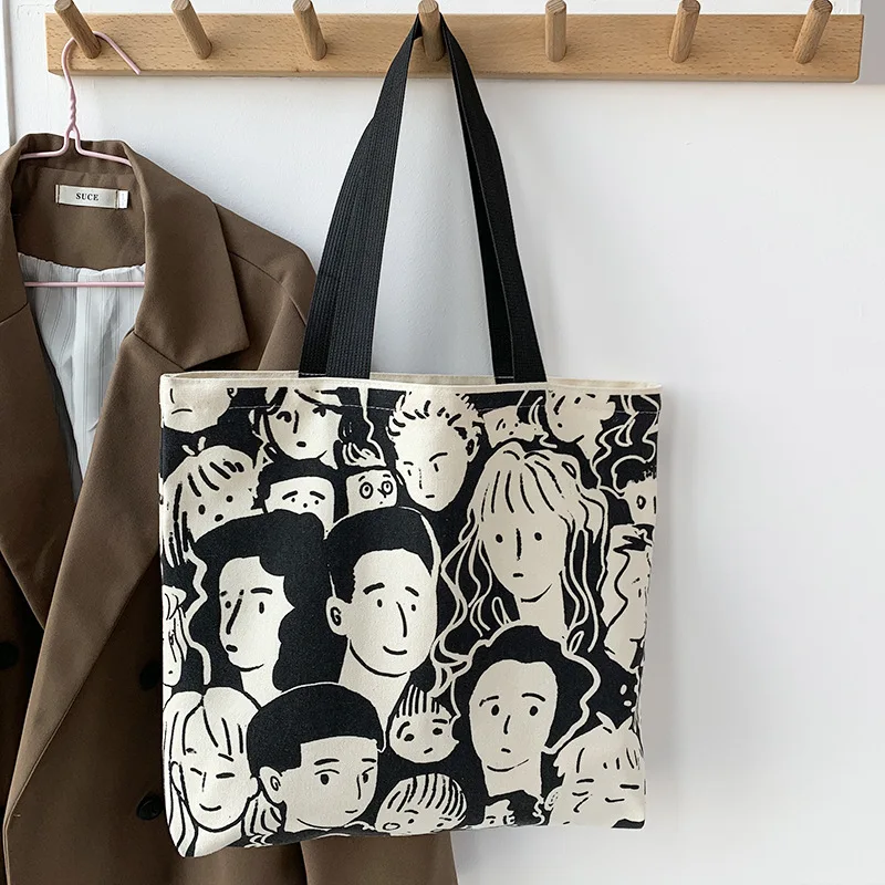 Teen Youth Pattern Canvas Bag, Large Capacity Female Single Handbag Shoulder Bag, Student Literary Artistic Simple Shopping Bag