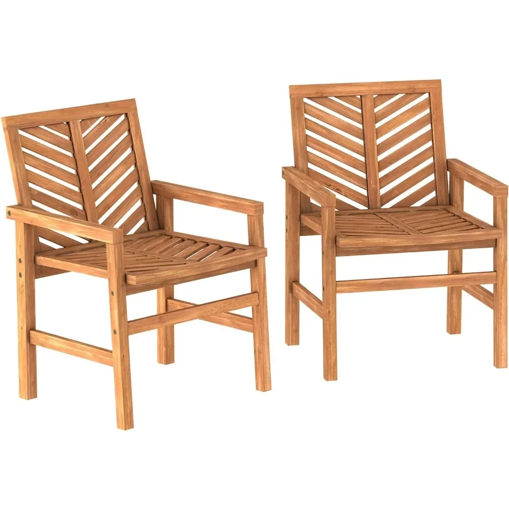 

2 Piece Outdoor Patio Chevron Wood Chair Set All Weather Backyard Conversation Garden Poolside Balcony, Set of 2, Brown
