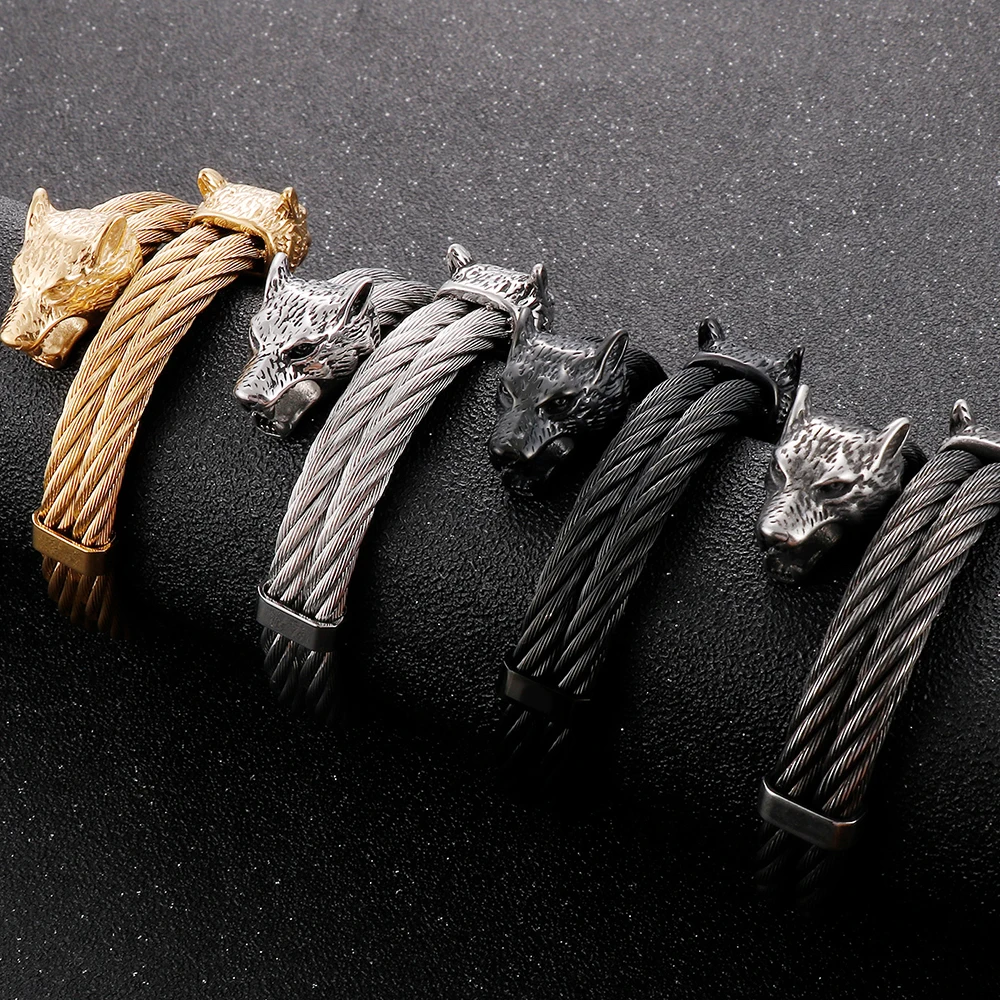 Bracciale Rigido Con Polsino Aperto Con Cavo Intrecciato Con Testa Di Lupo Vichingo Per Uomo Bracciali Da Uomo In Acciaio Inossidabile Accessori Per Gioielli Rock Roll - Foto 4