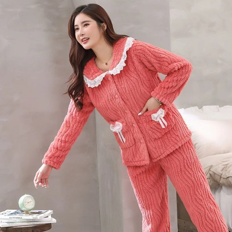2023 New Pajamas Women Autumn Winter Coral Velvet Loungewear Thickening Plushing Warm Flannel Plus Size Outerwear Homewear Set