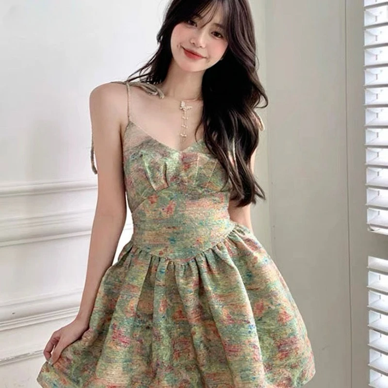 

Платье женское универсальное без рукавов, пикантный элегантный сарафан с принтом для отдыха, винтажный фасон в Корейском стиле, в стиле Ins, на лето