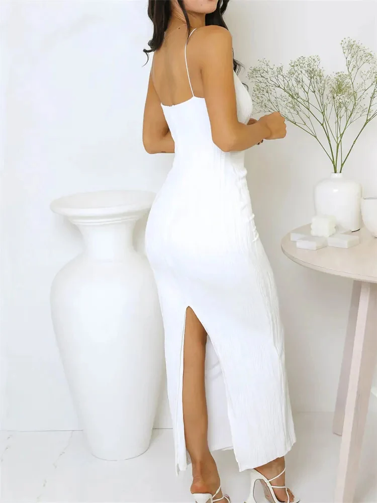 섹시한 여성 긴 드레스 셔링 민소매 슬림 솔리드 여름 파티 뒤로 분할 드레스 Clubwear 여성 Vestido 의상