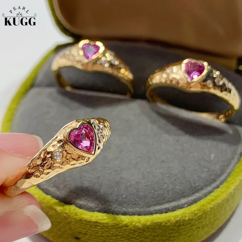 KUGG 18K Yellow Gold Rings Romantic Heart Design Natural Pink Sapphire Ring Diamond Jewelry for Women Engagement Party heart shaped 3d rose rotating ring box creative rose flower proposal ring box for couples diamond rings packaging case pink red