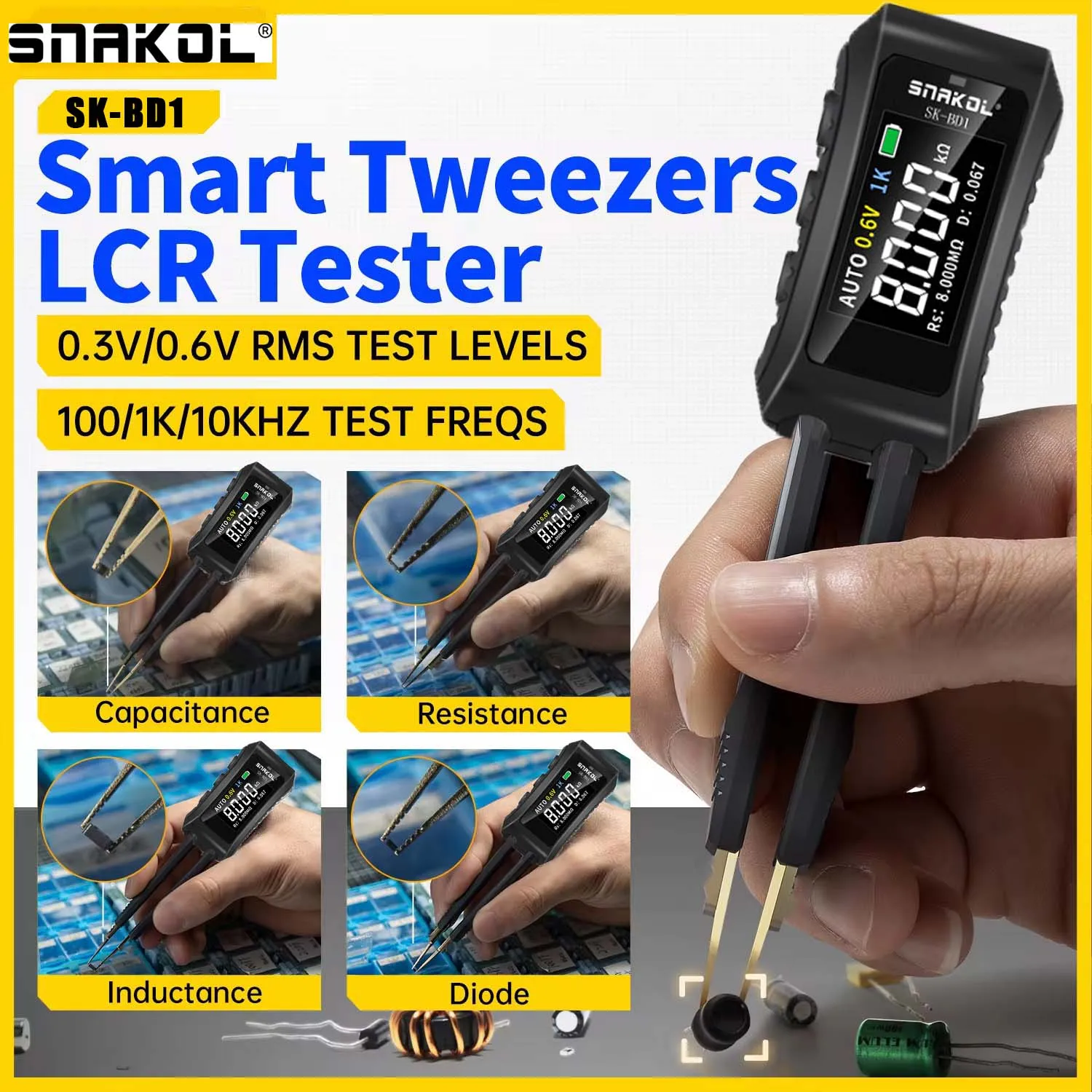 SNAKOL Digital Smart Tweezers SMD Tester, LCR ESR electronic component tester LED diode test electrical multimeter professional tools