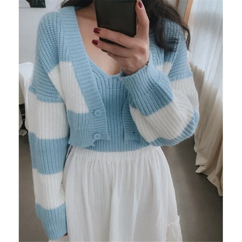 Korean Fashion Hot Sale Of The Season Autumn New Two-Piece Set Sweater Striped Short Knitted Ensemble Stylish Compact Size Quali
