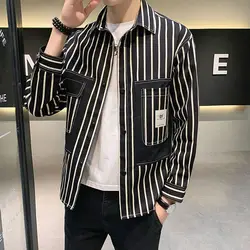 Fashion Lapel Button Spliced Pockets Striped Shirts Men's Clothing 2022 Autumn Loose New Casual Tops Long Sleeve Korean Shirt