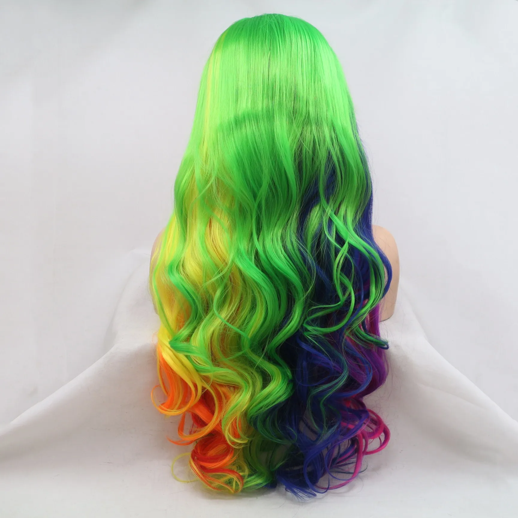 Melody Synthetic Wig Yellow to Purple Neon Green Mix Purple Pink Long Wave Lace Front Wig Natural Wavy Rainbow Hair