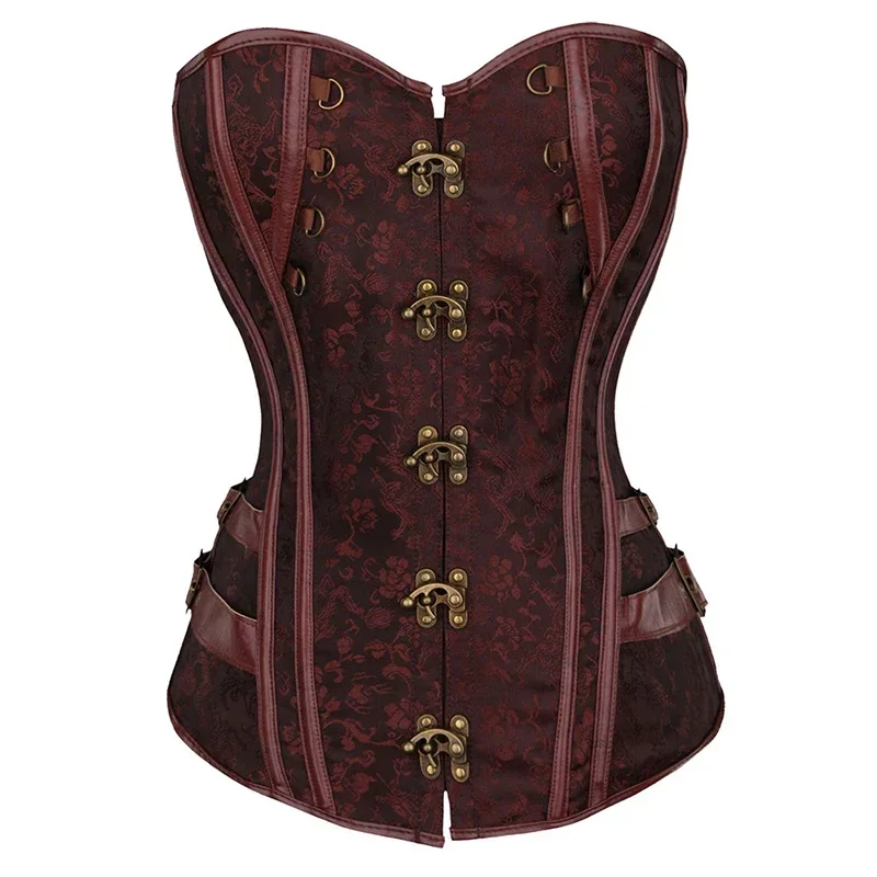 Gothic Corset Top for Women Steampunk Jacquard Pirate Faux Leather Basque Corset Cosplay Halloween Costume