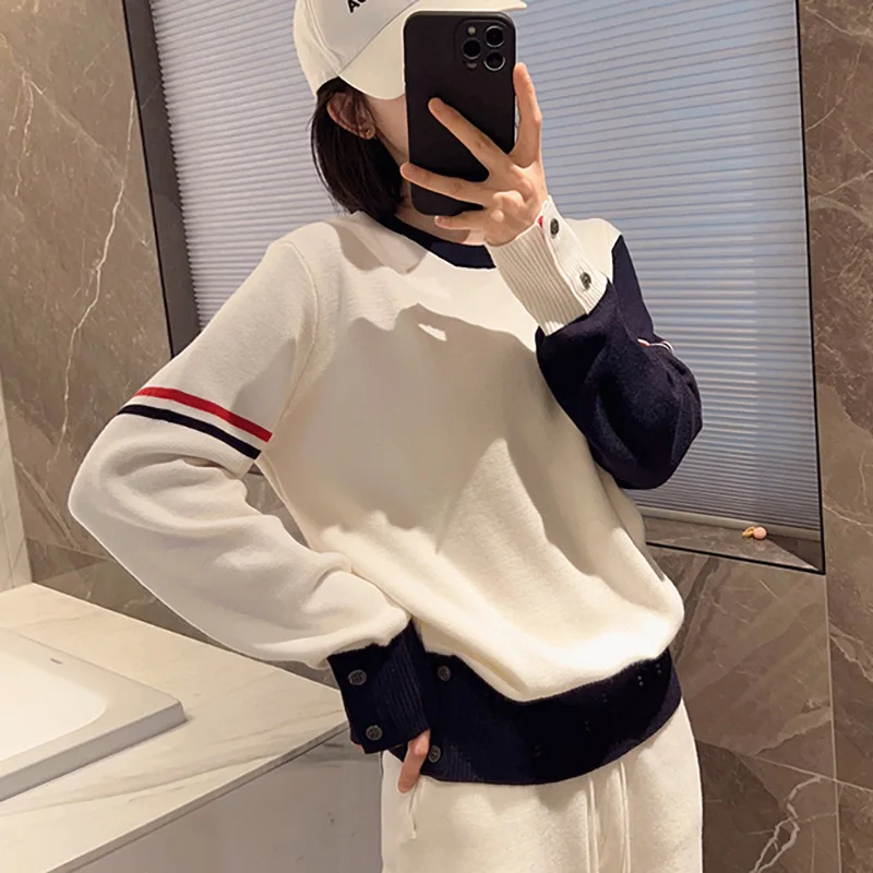 

High Quality Korean Style TB Wool Knitted Pullover for Women In Autumn and Winter V-neck Color Matching Sweater Top for Women
