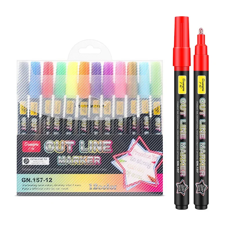 Guangna 157 더블 라인 아웃 라인 펜 24 색 검정색 극 세트 DIY 컬러 손으로 그린 ??낙서 마크 실버 마커