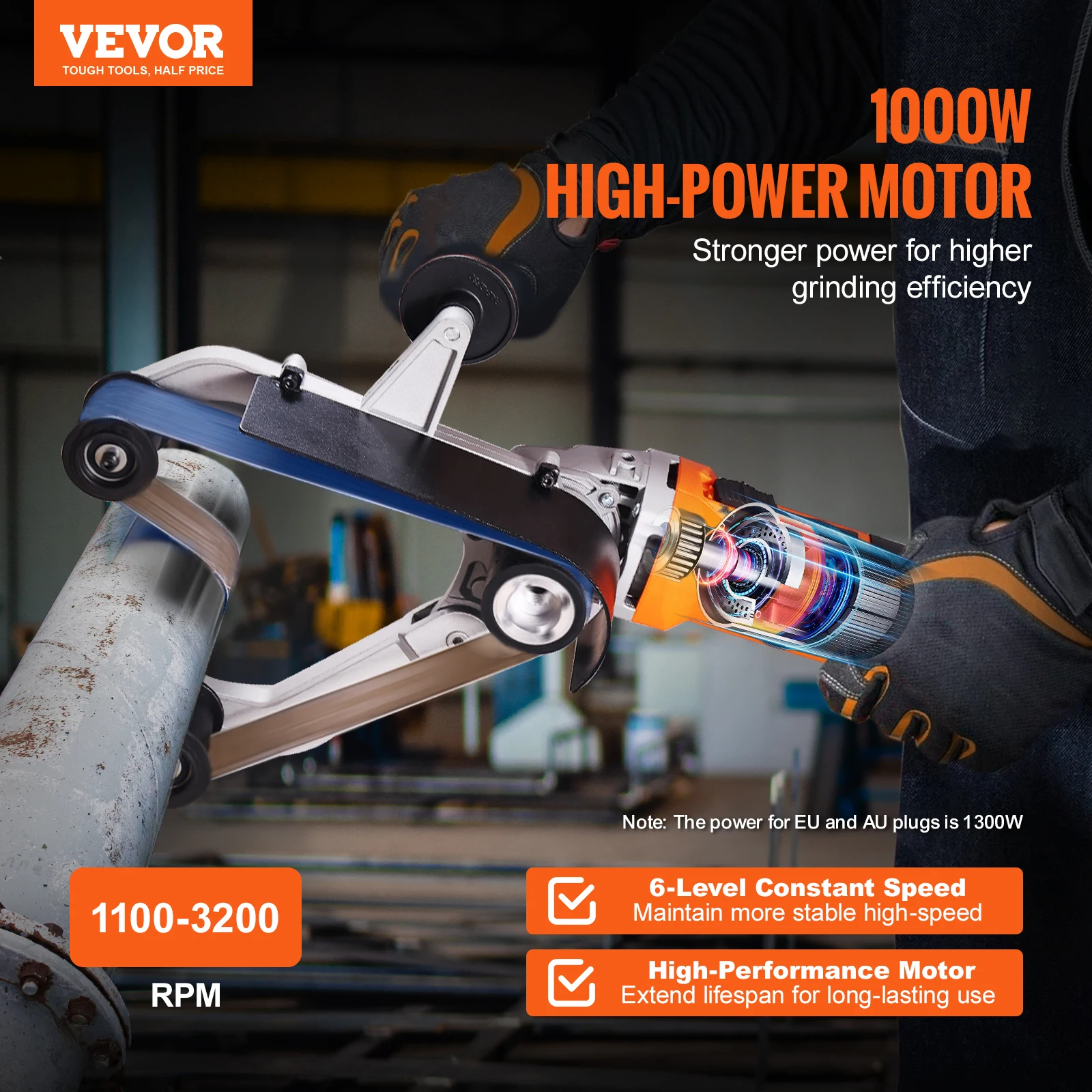 VEVOR Pipe Tube Polisher Sander 1000W Pipe Belt Sander 100-3200rpm Belt Sanding Machine for Burnishing Finishing Rust Removal 2