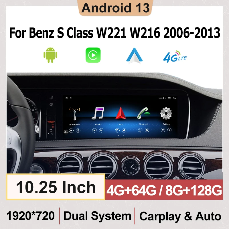 

10.25" Android 13 Multimedia Player For Mercedes Benz S Class W221 W222 Auto Stereo Carplay Radio GPS Navigation Video Touch 4G