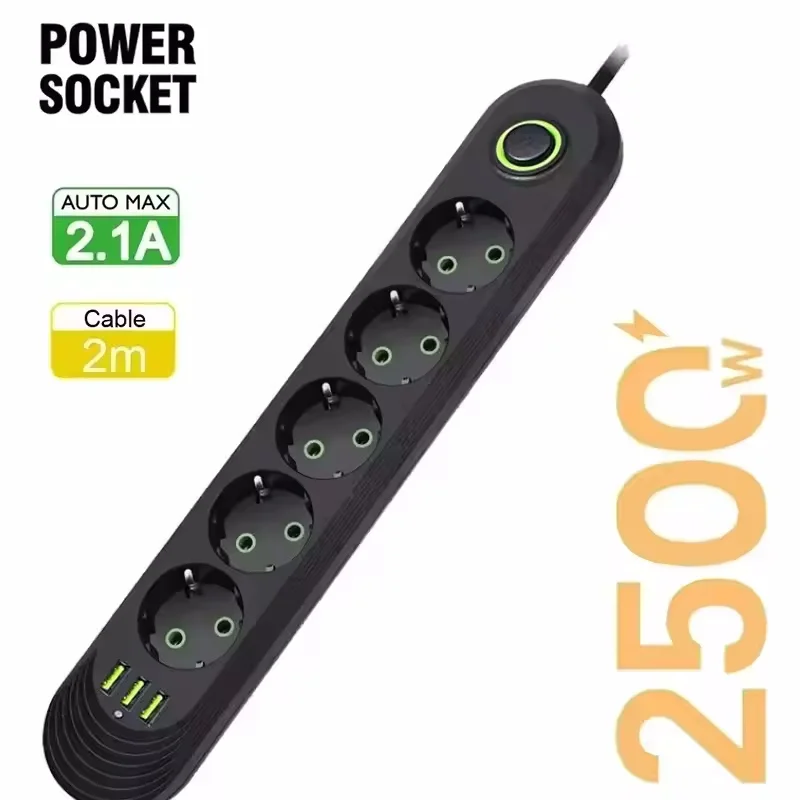 High-Power EU Plug Power Strip with USB Ports & 2m Extension Cord