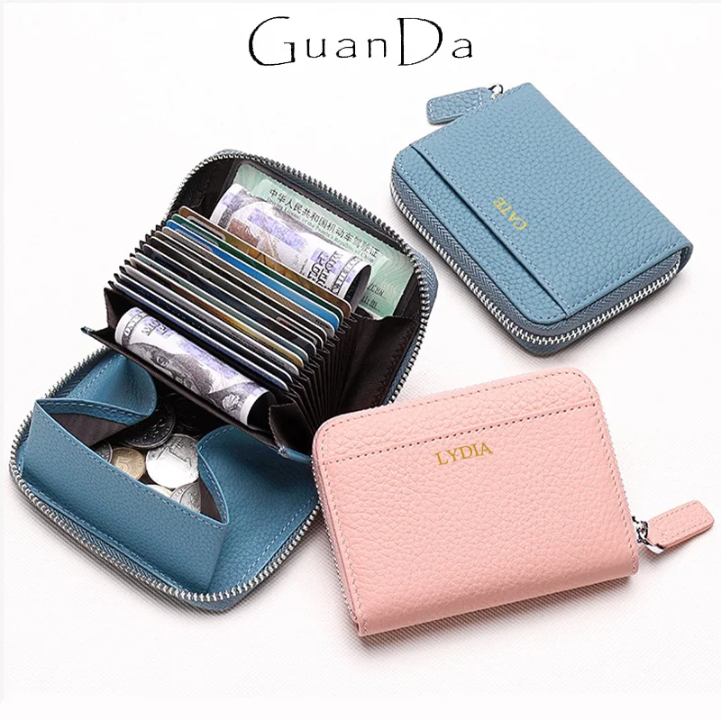 

Custom Letters Woman Man Cowhide Card Holder Luxury Monogram Name Zipper Coin Purse Fashion Genuine Leather Business Mini Wallet