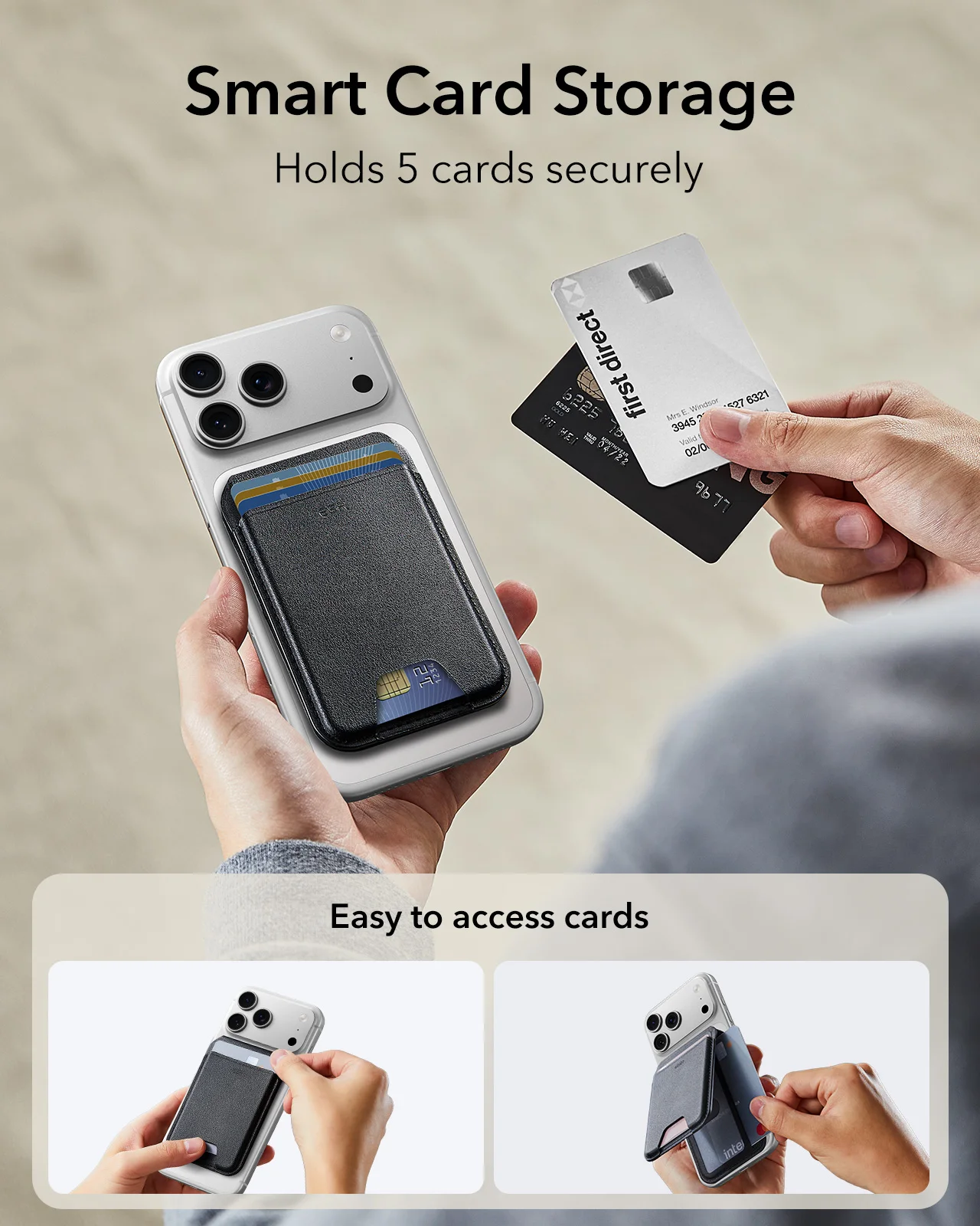 아우라 맥세이프 지갑 비건 가죽 5 카드 홀더 조절 가능한 맥세이프 지갑 여성용 아이폰 17/16/15/14/13/12 시리즈용