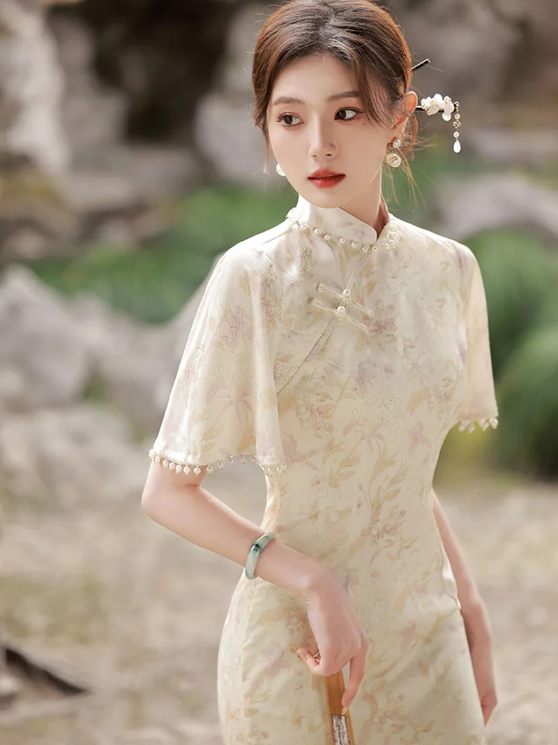 2023 Spring Traditional Cheongsam Short Sleeve Soft Vintage Dress Slim Party Wedding Costumes Elegant Long Qipao S To XXL