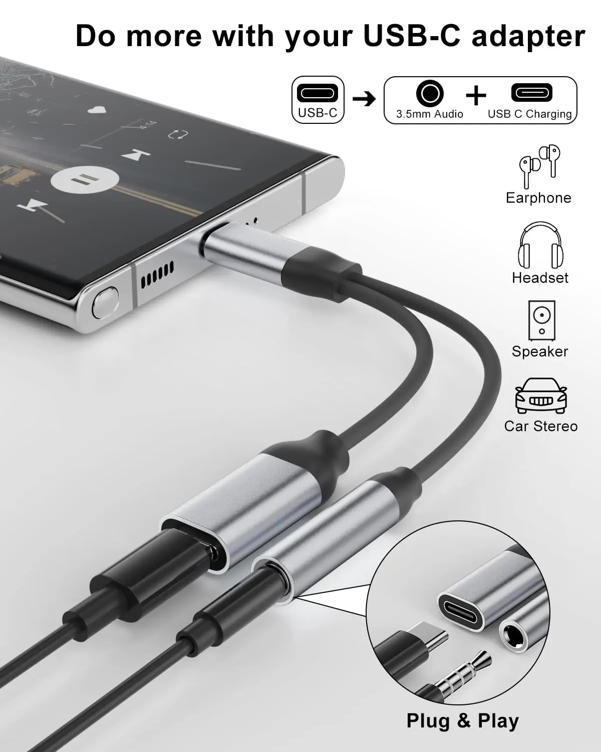 in Dual USB C Headphone Charger Adapter Type C Audio