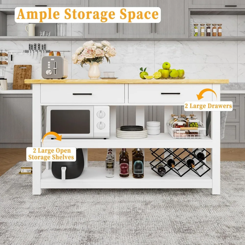47.3" Solid Rubberwood Kitchen Island with Power Outlets - Extra Large Work Surface, 2 Drawers & Open Shelves Storage Cabinet 4