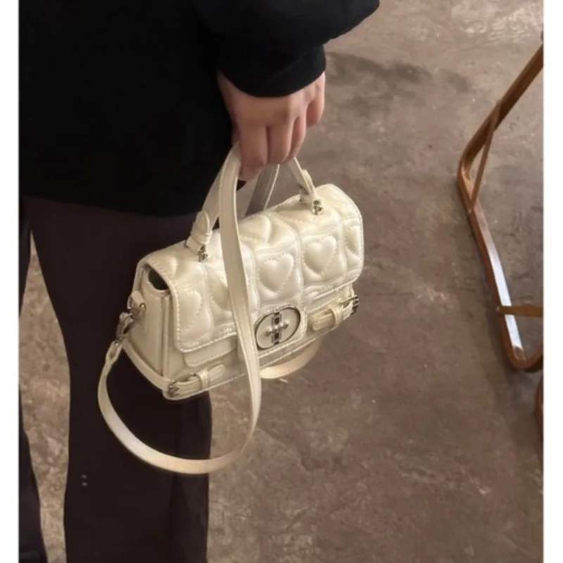JIAERDI Love Diamond Pattern White Hand Bag Purse Women Retro Leather Handle Y2k Hand Bag Female Vintage Shoulder Crossbody Bags