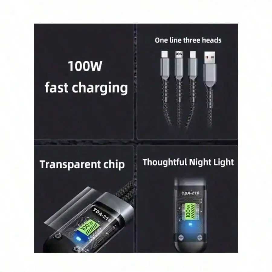 3-In-1 Super Fast Charging Cable, 3-In-1 Charging Cable With Transparent Illuminated Braided Nylon Wire, Fast Charging Data 6