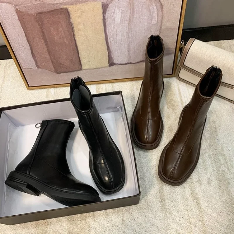 Brand Women's Shoes Boots-Women Flat Heel  Round Toe Fashion 2022 Autumn Mid Calf Low Mid-Calf Rubber Ladies Rome Retro Mid-Calf