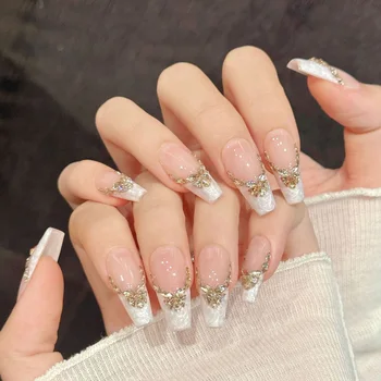 10pcs Handmade Press On Nails Pink Gold Butterfly Artificial Nail Tips With Rhinestones Design Elegant Aurora French Fake Nails 1