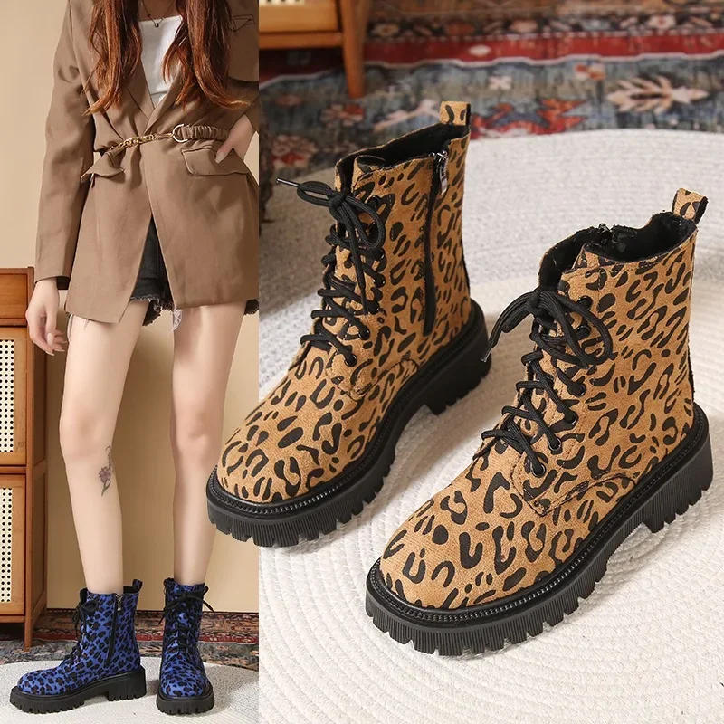 

Women's shoes 2023 new lace up women's boots round toe leopard print platform waterproof thick sole retro short boots