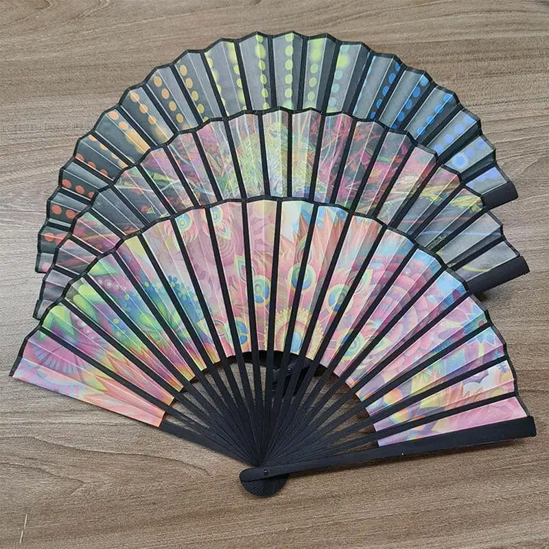Ventaglio a mano, per festival, grande pieghevole, palmare, ventilatori pieghevoli olografici rave, per festival, alte prestazioni, danza, laser Shockwave Fluid Iridescent Hand Fan