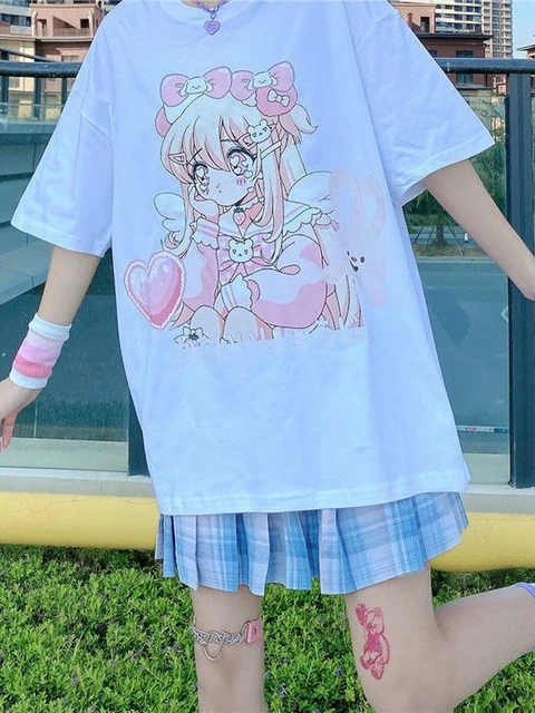 E menina anime estilo tshirt roupas moda gráfico harajuku kawaii verão rosa  topos para as mulheres dos desenhos animados streetwear doce estudante -  AliExpress