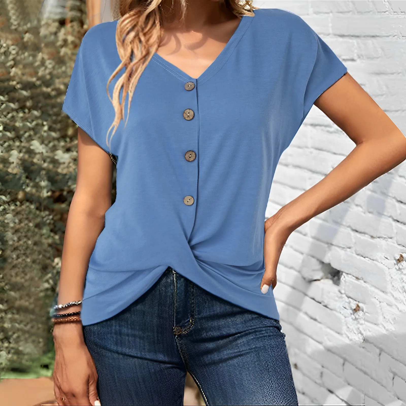 

Women's Fashion Personalized Bow Button V Neck T Shirt Women S Shirts Casual Women T Shirt Summer