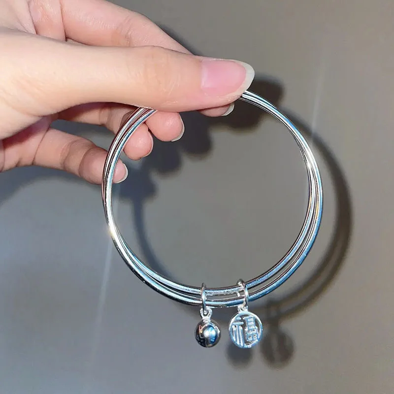 Trendy Double Layers Fortune Bell Smooth Bangle Bracelets For Women Silver  Color Jewelry Wholesale Noeud Armband Pulseiras